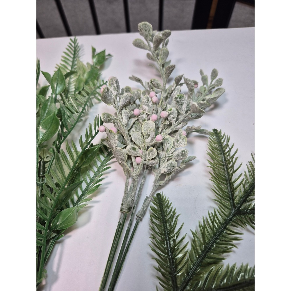 Artificial Greenery Stems Bundle Fern Frosted Pink Berry Pine Branch 13 Inch